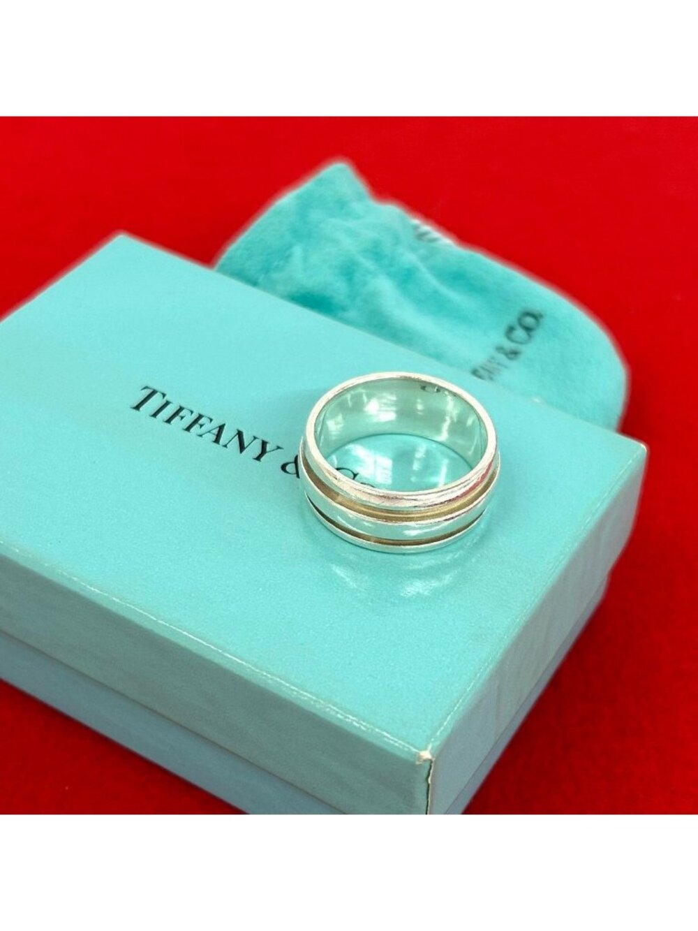 Tiffany & Co Box Grooved Double Line Ring 925 Sterling Silver 18.5